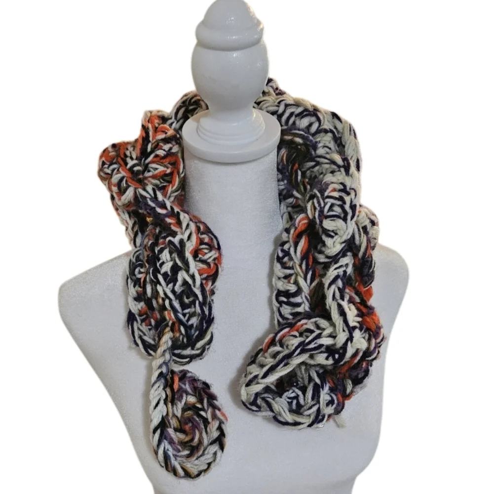 Hand Crafted Scarf Crochet Chunky knit multicolored Artisan  unique wearable art